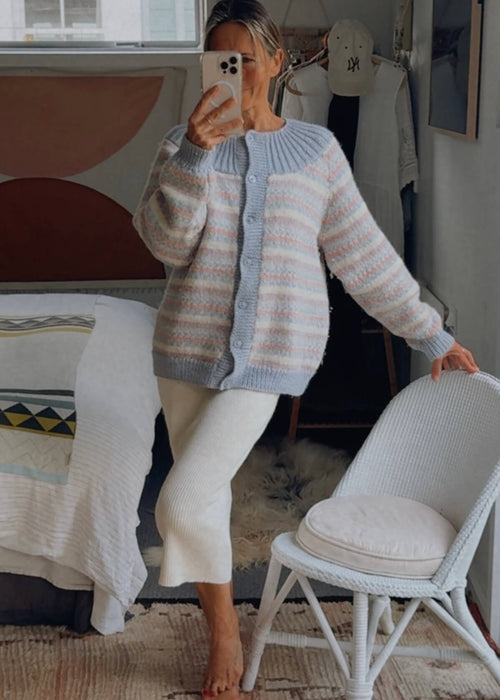 Hand-knitted Woollen Cardi // Duck Egg Blue/Pink/Cream // Free Size