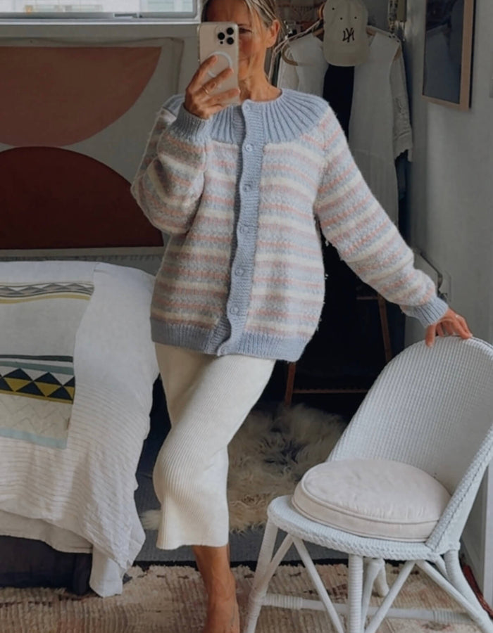 Hand-knitted Woollen Cardi // Duck Egg Blue/Pink/Cream // Free Size