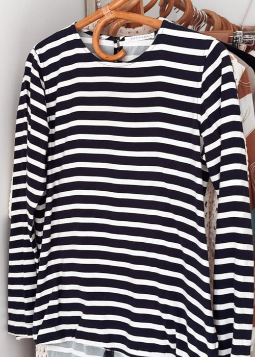 TRENERY // Navy Striped Crew Top // Small