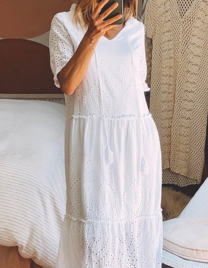 White Cotton Broderie Anglaise Dress // Small