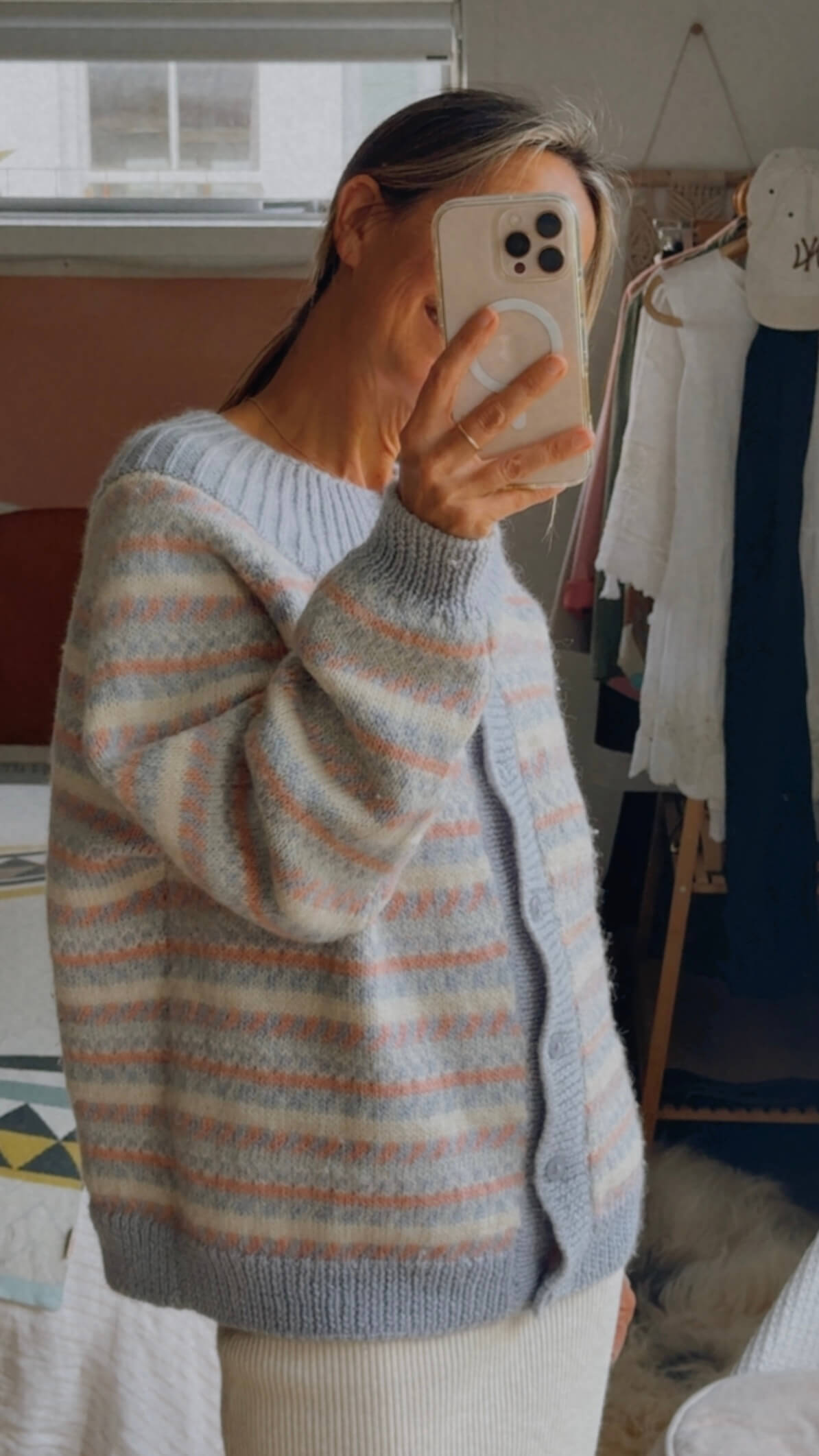 Hand-knitted Woollen Cardi // Duck Egg Blue/Pink/Cream // Free Size