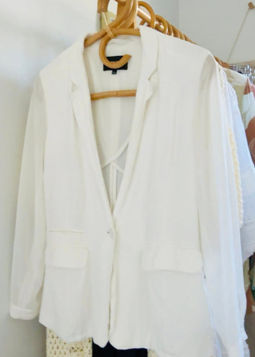 WanLi // White Linen Blazer/Sheer Sleeves // Small