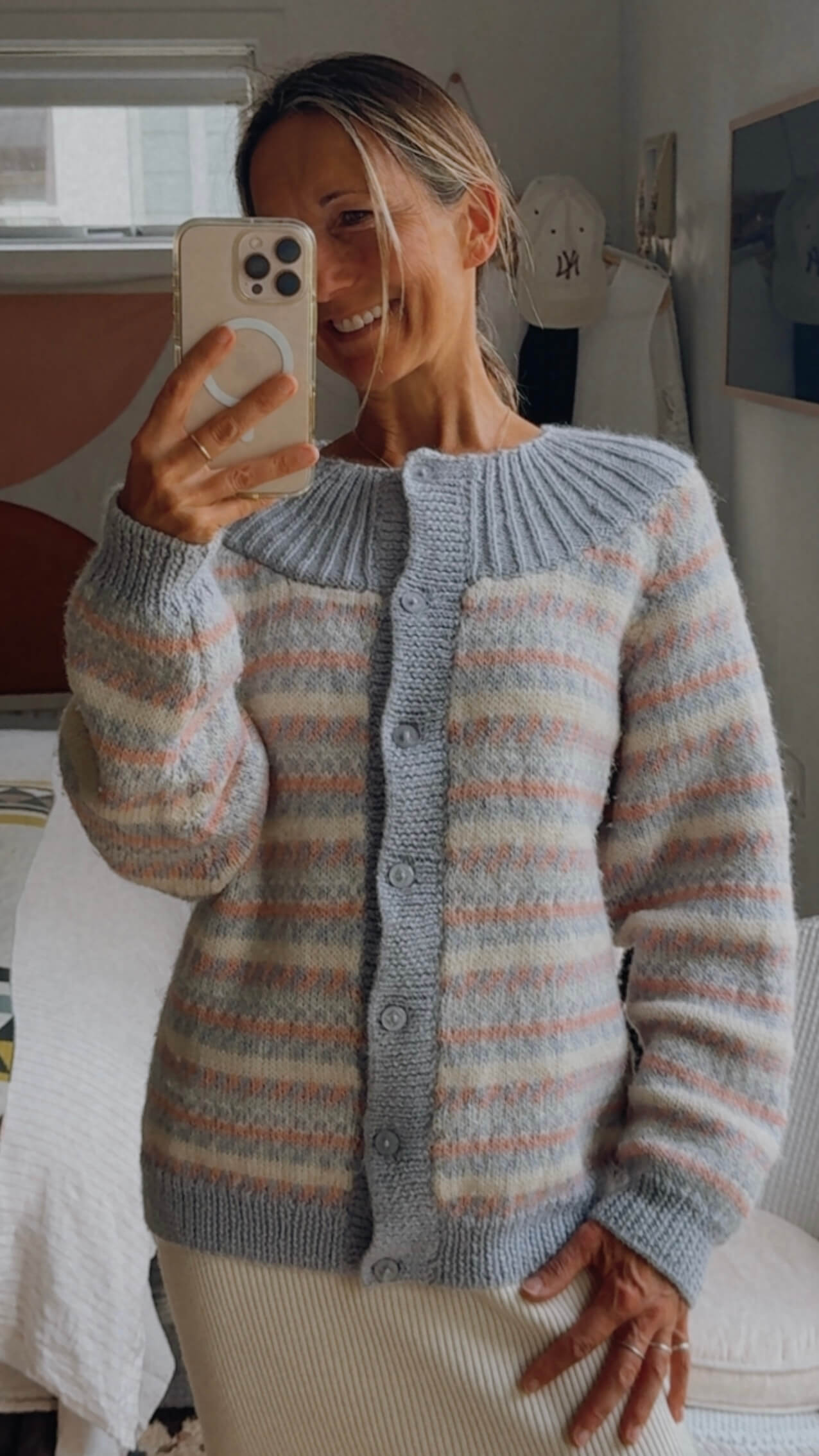 Hand-knitted Woollen Cardi // Duck Egg Blue/Pink/Cream // Free Size
