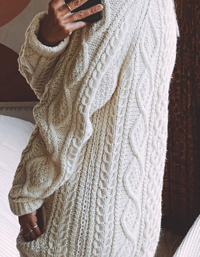 Cream Hand-Knitted Woollen Arran Cardi // Free Size