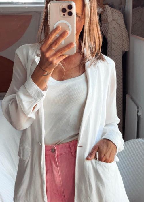 WanLi // White Linen Blazer/Sheer Sleeves // Small