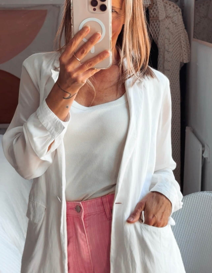WanLi // White Linen Blazer/Sheer Sleeves // Small