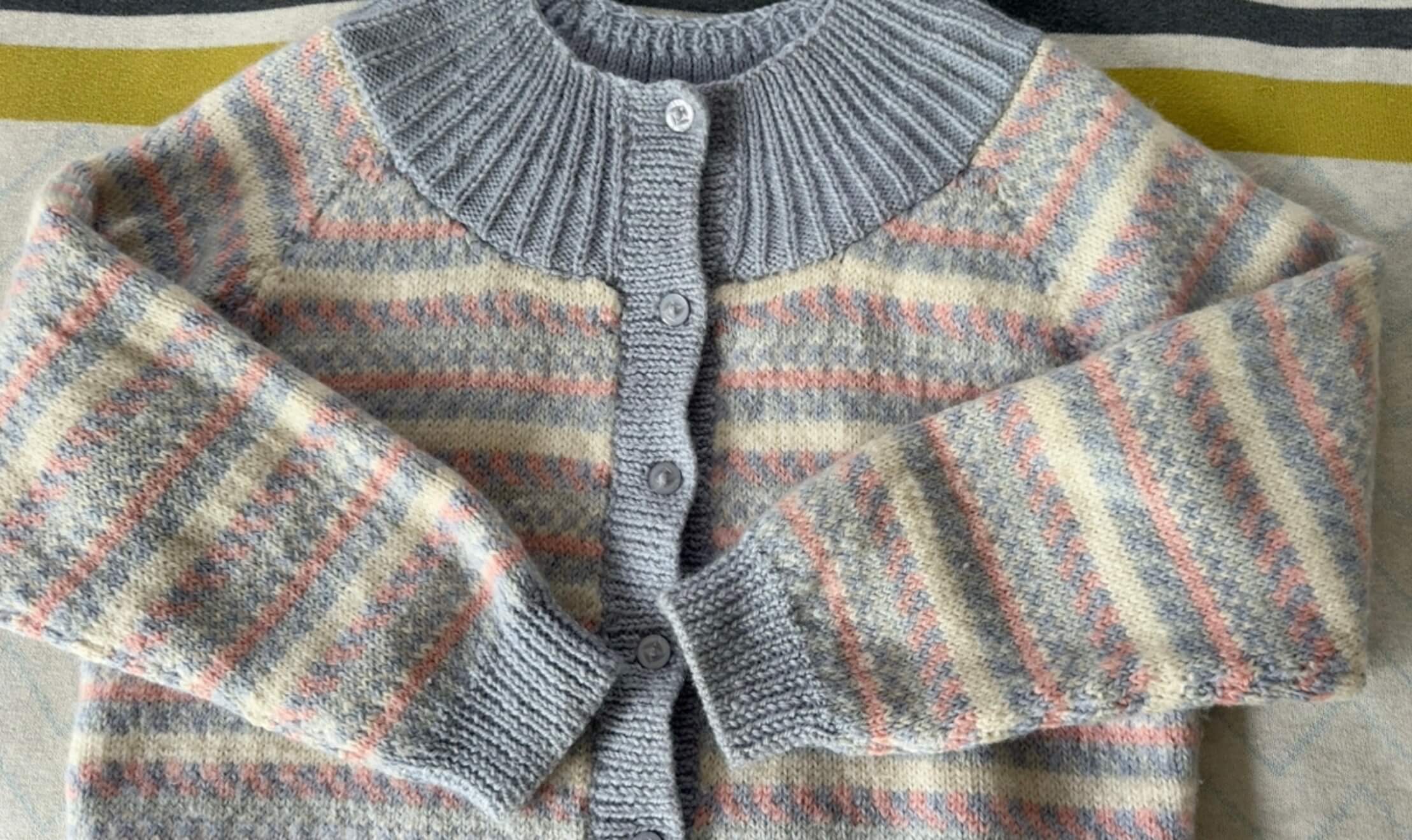 Hand-knitted Woollen Cardi // Duck Egg Blue/Pink/Cream // Free Size