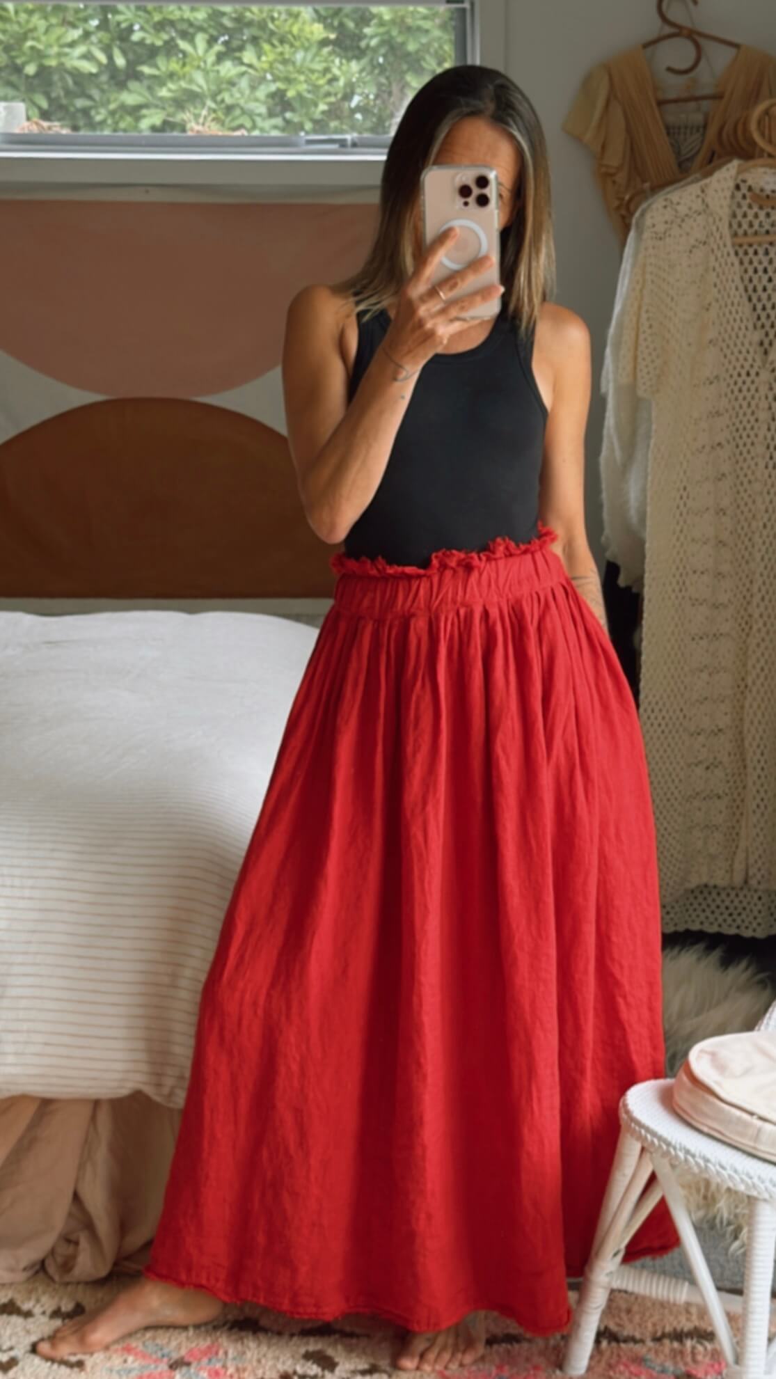 FERRARI RED Linen Maxi Skirt // Small