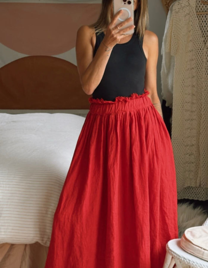 FERRARI RED Linen Maxi Skirt // Small