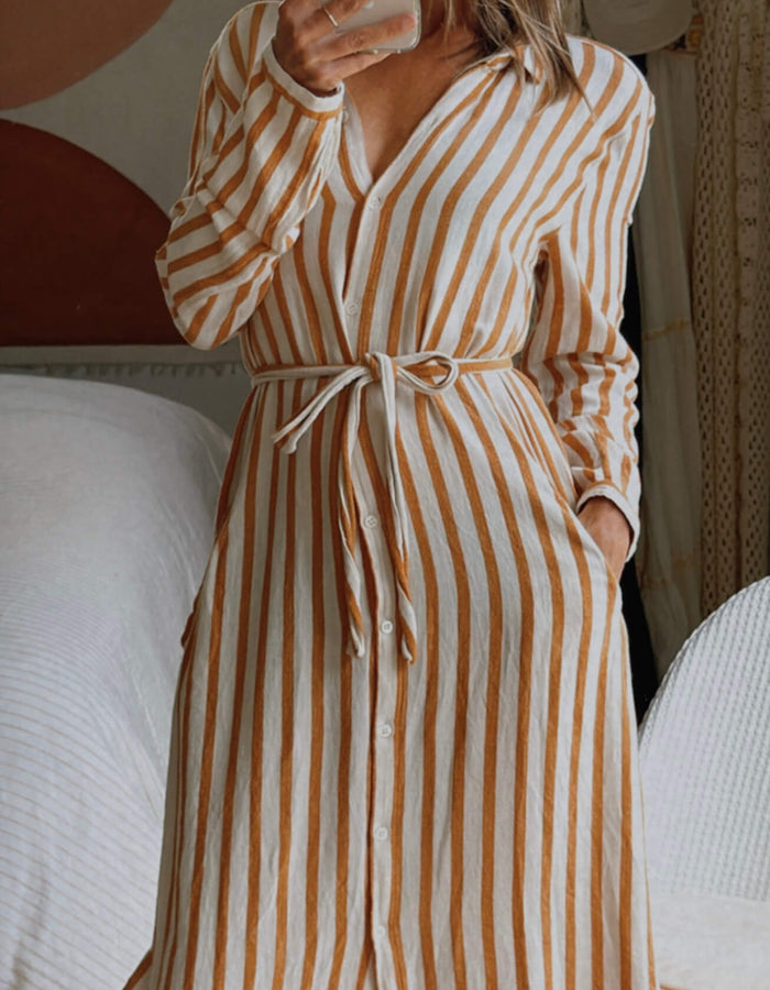 HARTFORD (France) // Striped Shirt Dress // Terracotta/Cream // Small (8-10)
