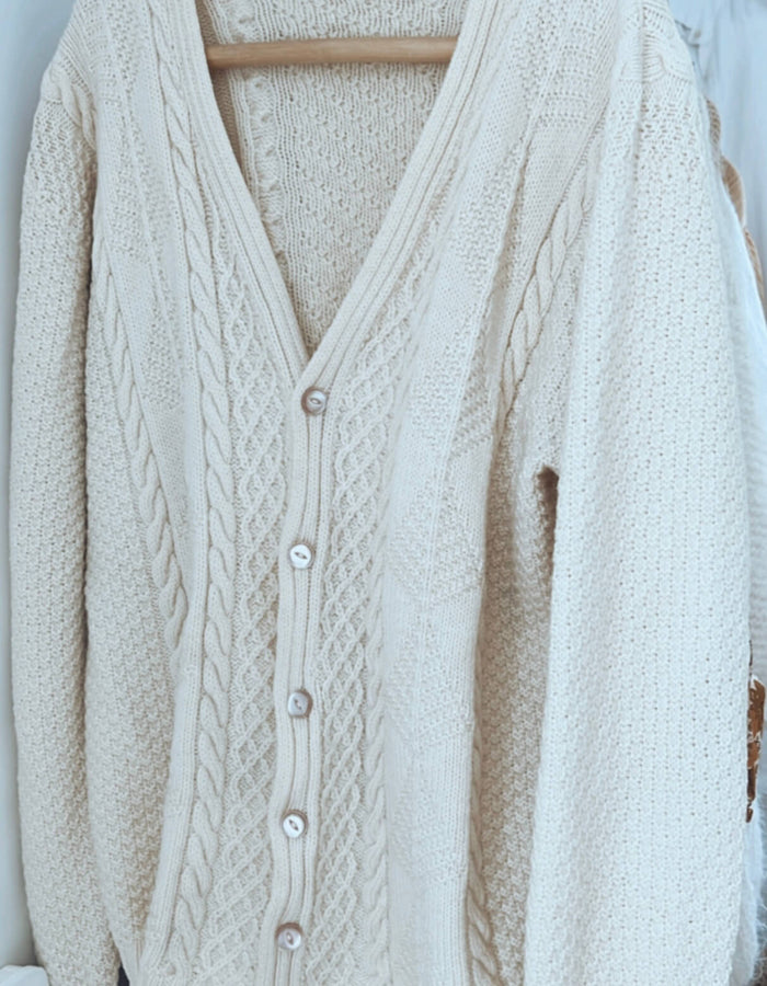 Cream Oversized Hand-Knitted Woollen Arran Cardi // Free Size