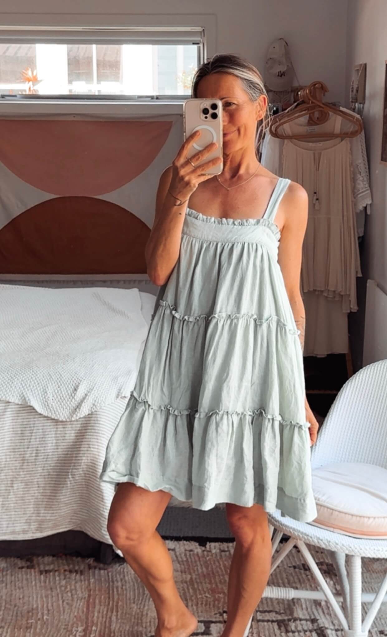 BLAK // Tiered Linen Mini Dress // Sage // Size 8