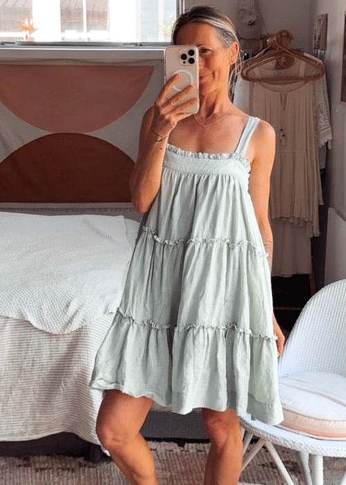 BLAK // Tiered Linen Mini Dress // Sage // Size 8