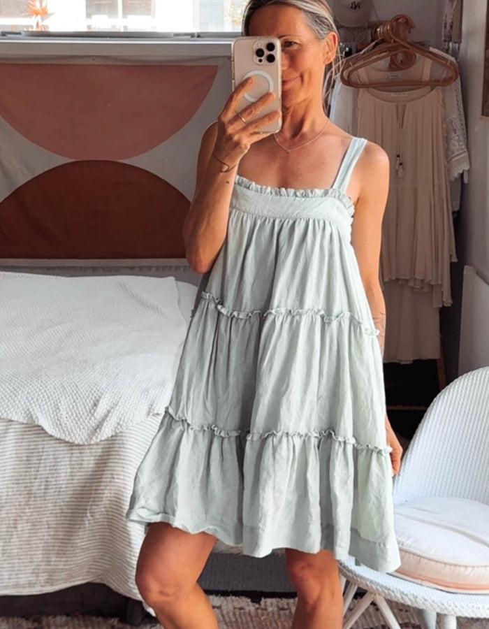 BLAK // Tiered Linen Mini Dress // Sage // Size 8