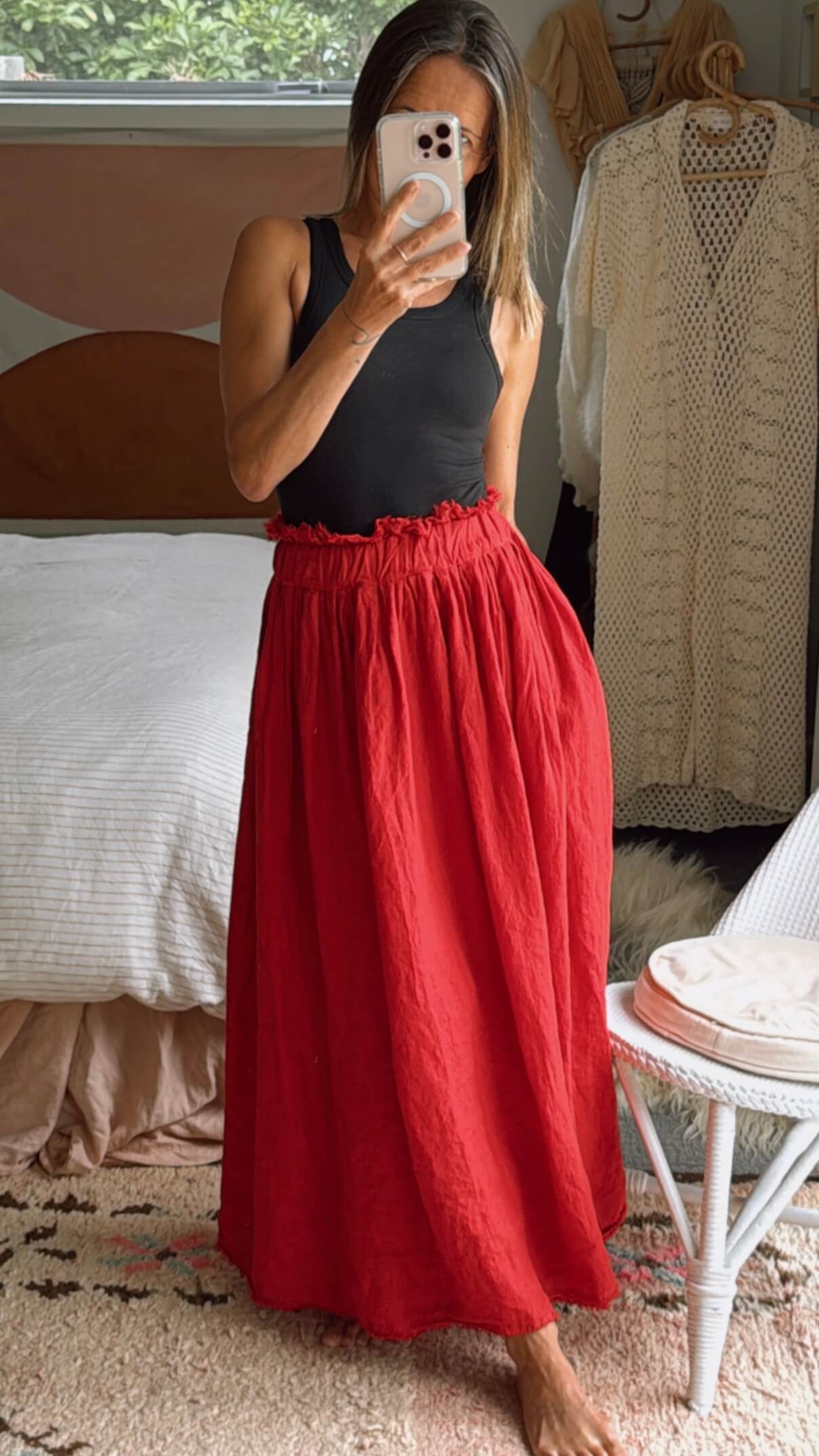 FERRARI RED Linen Maxi Skirt // Small