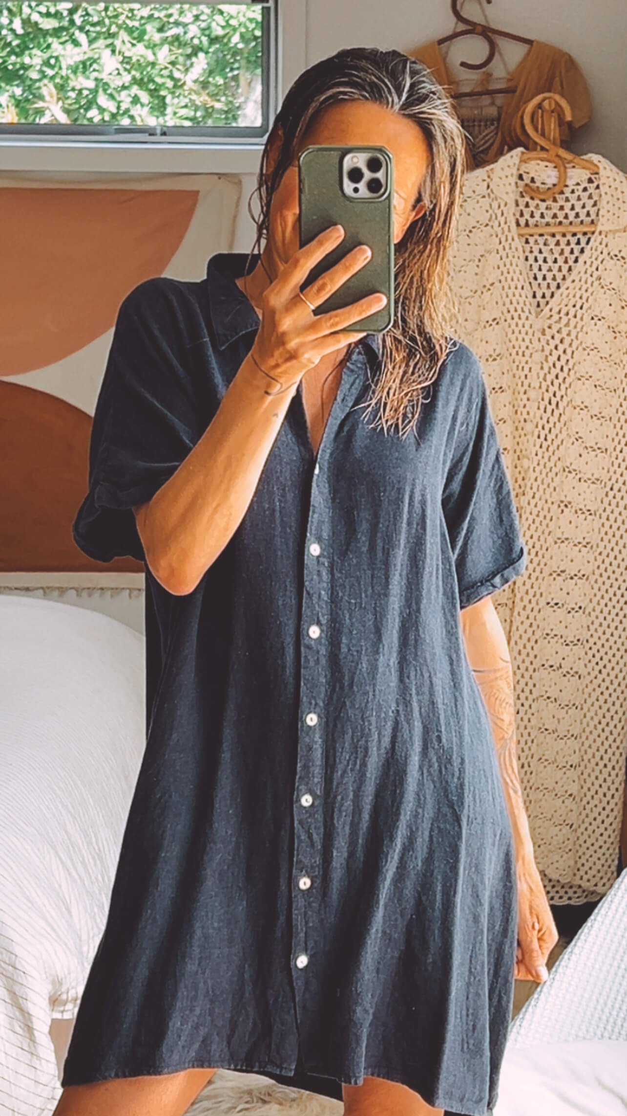 Navy Linen Shirt Dress // Medium