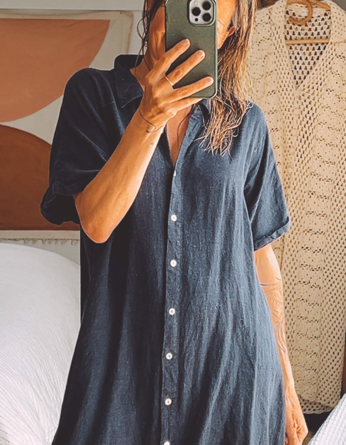 Navy Linen Shirt Dress // Medium