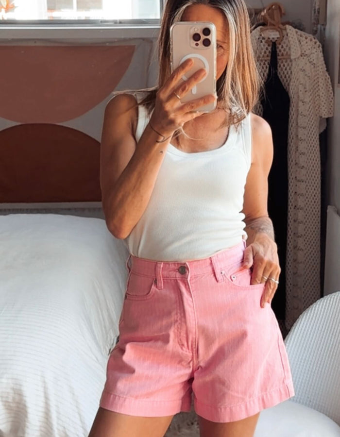 GLASSONS // High Waist Pink Pinstriped Short // Size 6