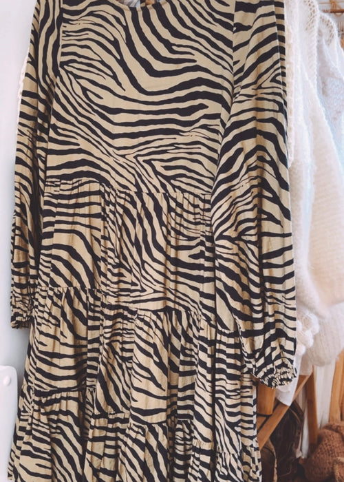 Khaki Zebra Print Dress by Mineral // Small