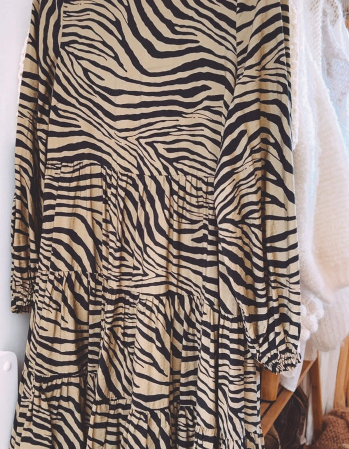 Khaki Zebra Print Dress by Mineral // Small