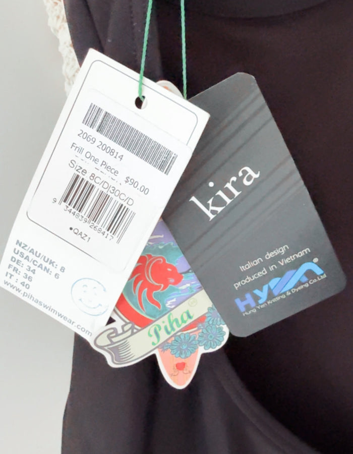 PIHA SWIMWEAR // Frill One Piece Swimsuit // Black // Size 8