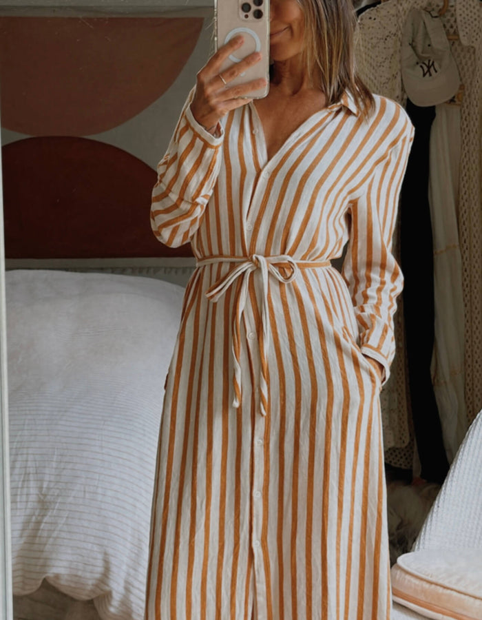 HARTFORD (France) // Striped Shirt Dress // Terracotta/Cream // Small (8-10)