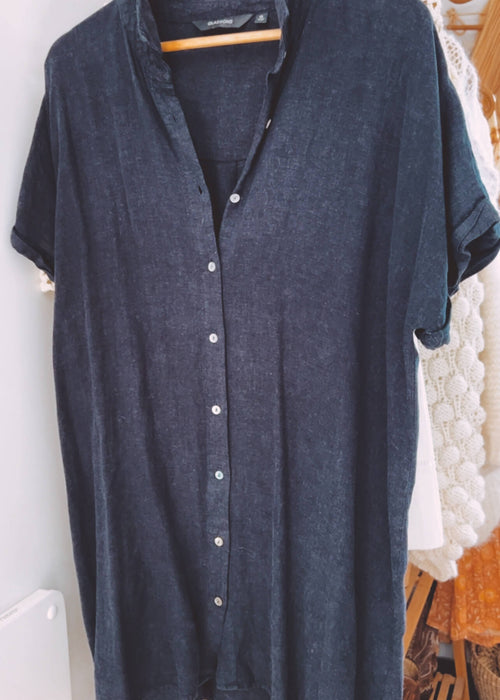 Navy Linen Shirt Dress // Medium