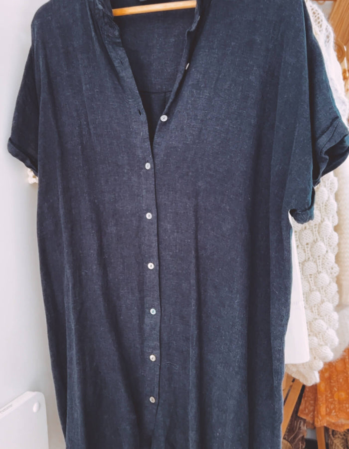 Navy Linen Shirt Dress // Medium