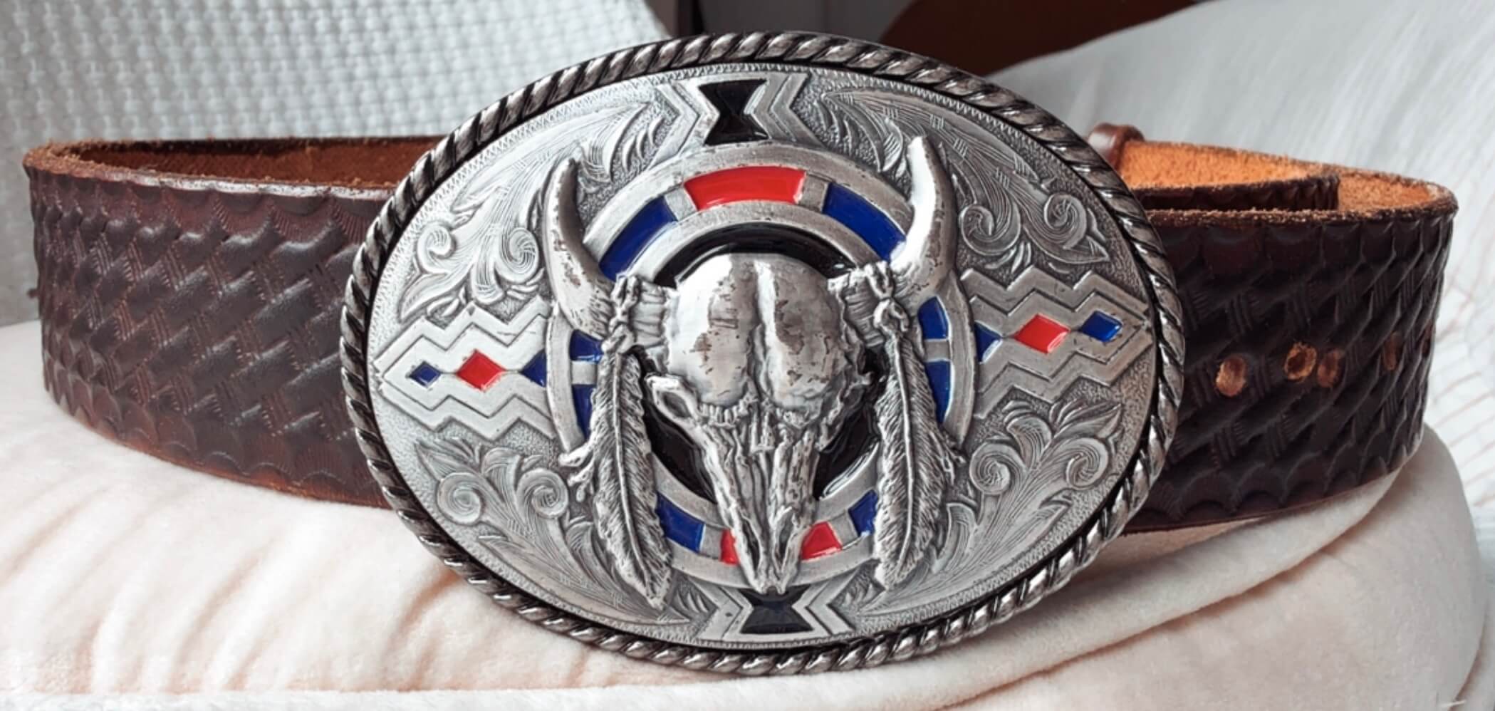 IVAN // Buffalo Skull & Feathers Metal Belt Buckle & Brown Leather Belt // Free Size