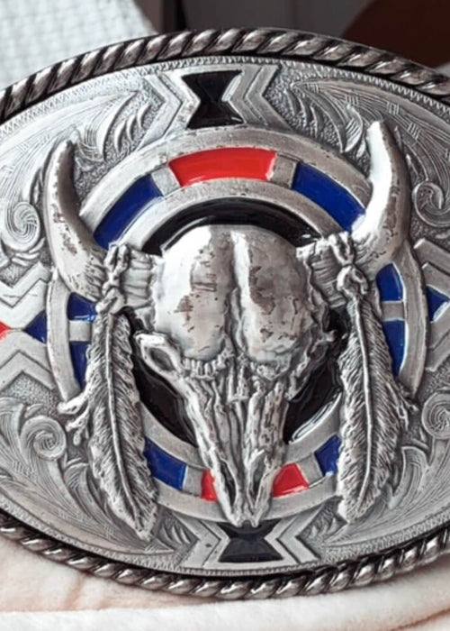 IVAN // Buffalo Skull & Feathers Metal Belt Buckle & Brown Leather Belt // Free Size