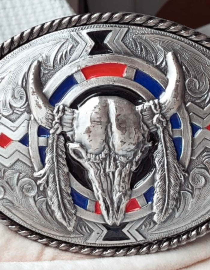 IVAN // Buffalo Skull & Feathers Metal Belt Buckle & Brown Leather Belt // Free Size