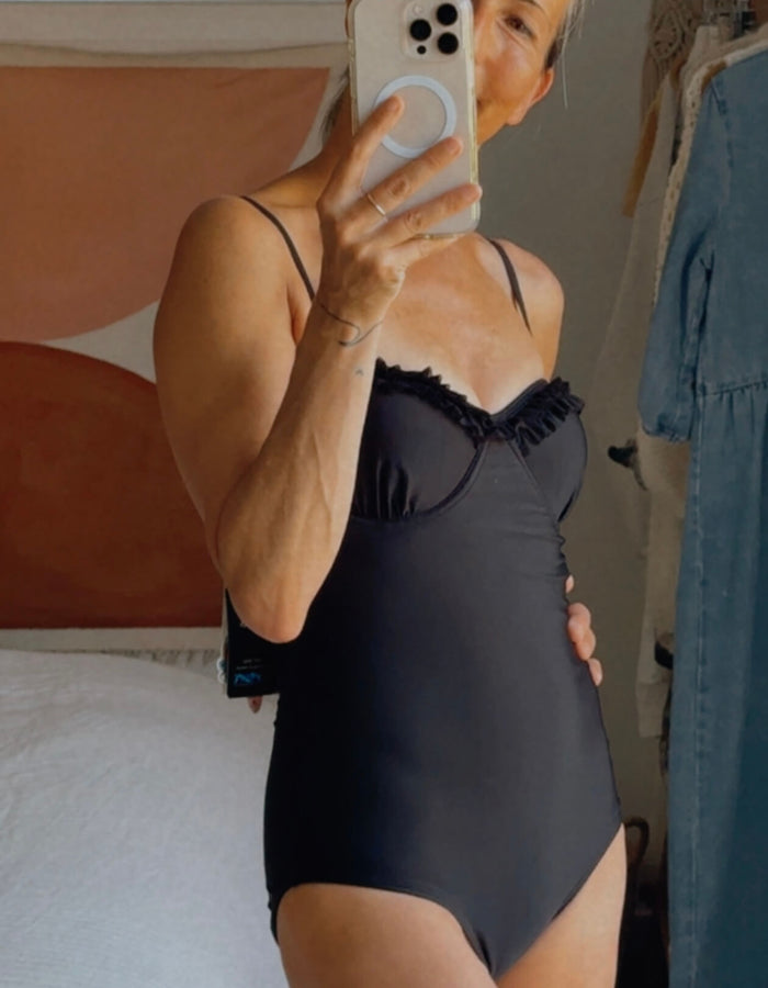 PIHA SWIMWEAR // Frill One Piece Swimsuit // Black // Size 8