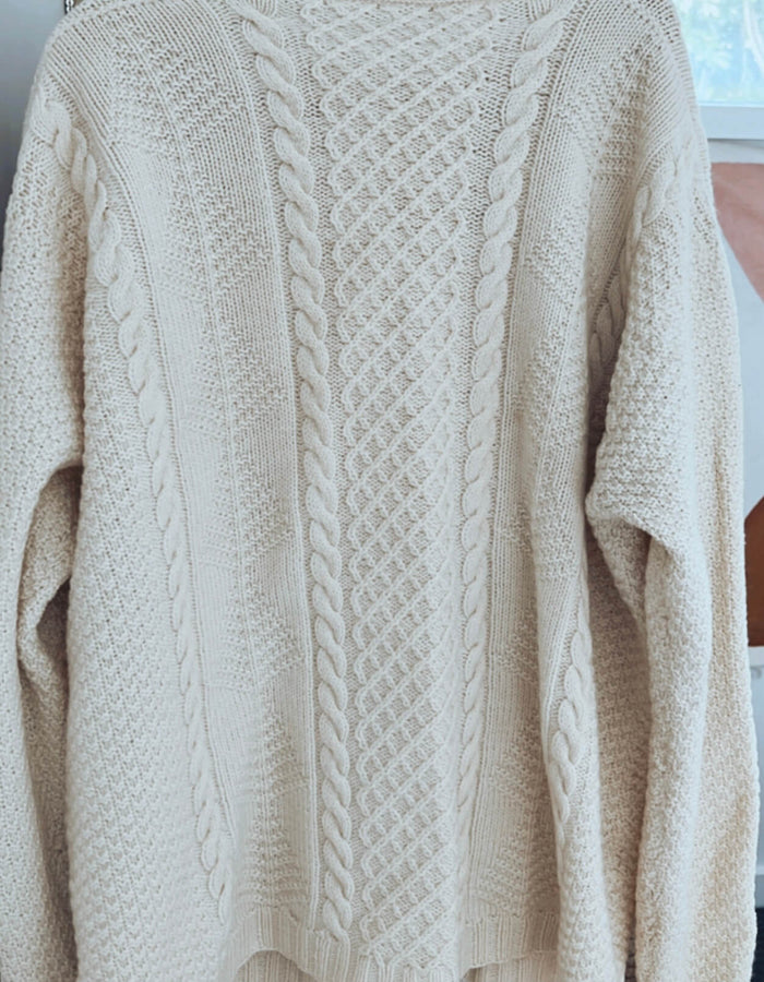 Cream Oversized Hand-Knitted Woollen Arran Cardi // Free Size