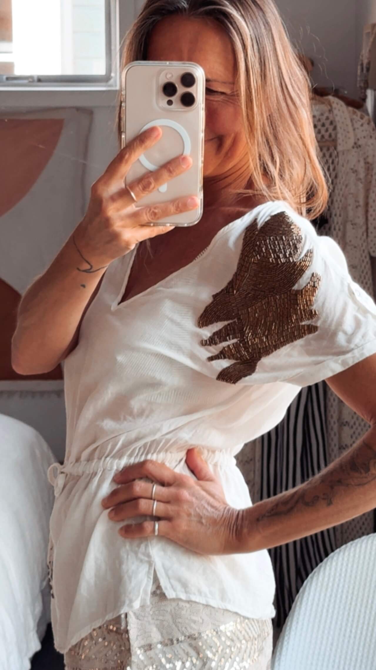 GUESS // Cotton & Silk Beaded Blouse // Small