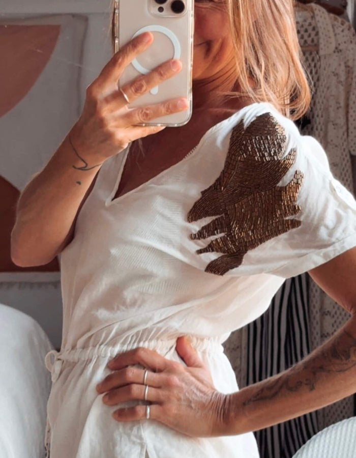 GUESS // Cotton & Silk Beaded Blouse // Small