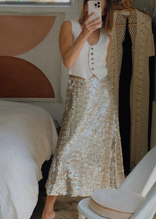 SEED HERITAGE // Sequinned Skirt // Silver/Nude // Size 6
