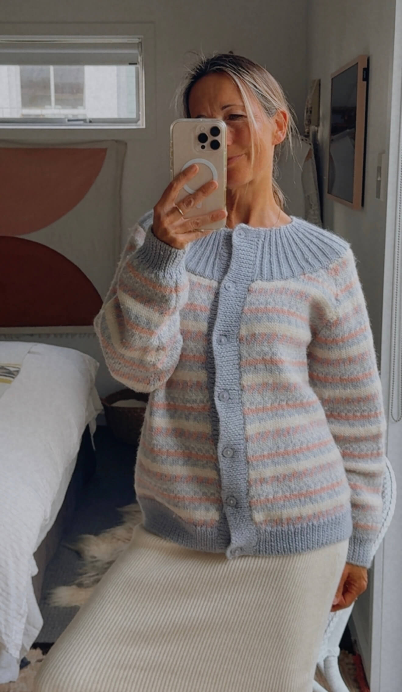Hand-knitted Woollen Cardi // Duck Egg Blue/Pink/Cream // Free Size