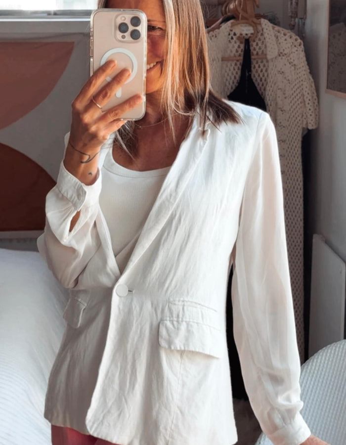 WanLi // White Linen Blazer/Sheer Sleeves // Small