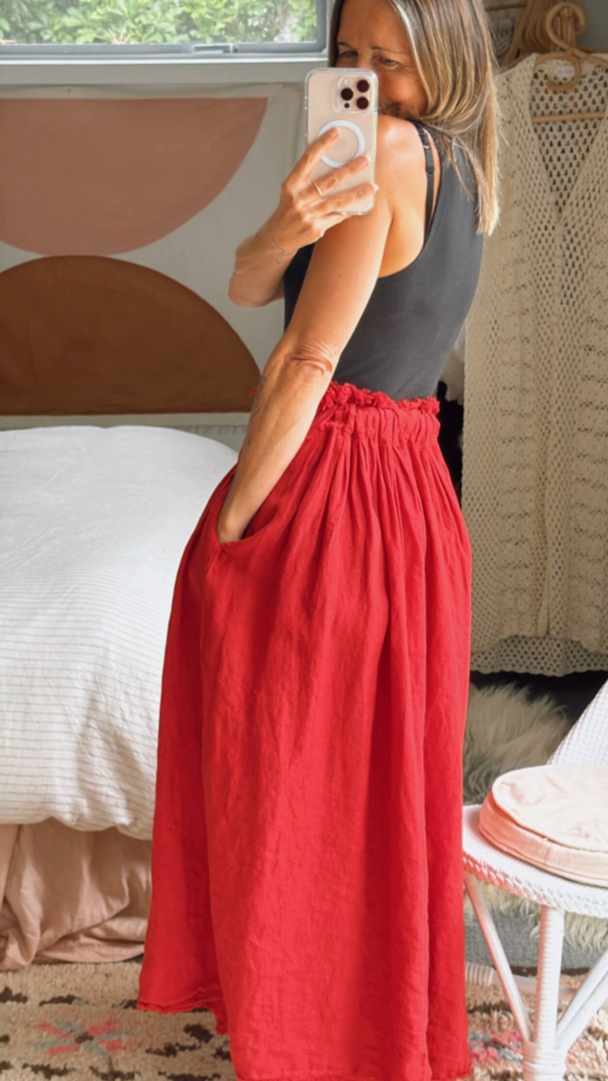 FERRARI RED Linen Maxi Skirt // Small