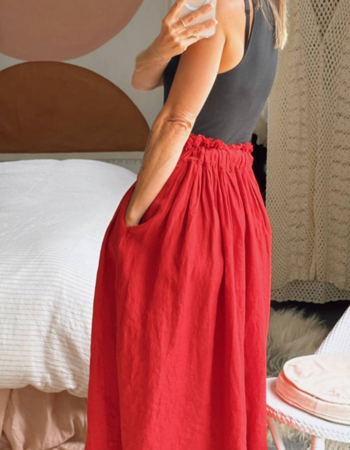 FERRARI RED Linen Maxi Skirt // Small