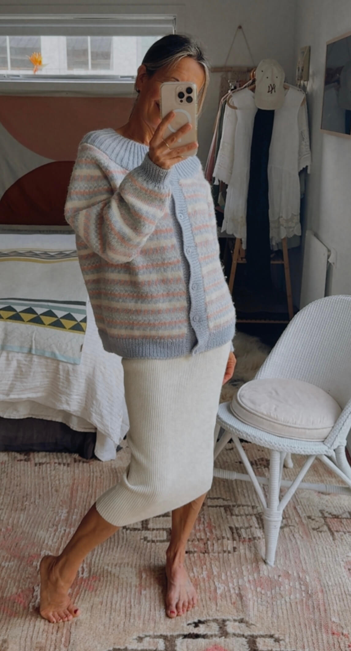 Hand-knitted Woollen Cardi // Duck Egg Blue/Pink/Cream // Free Size