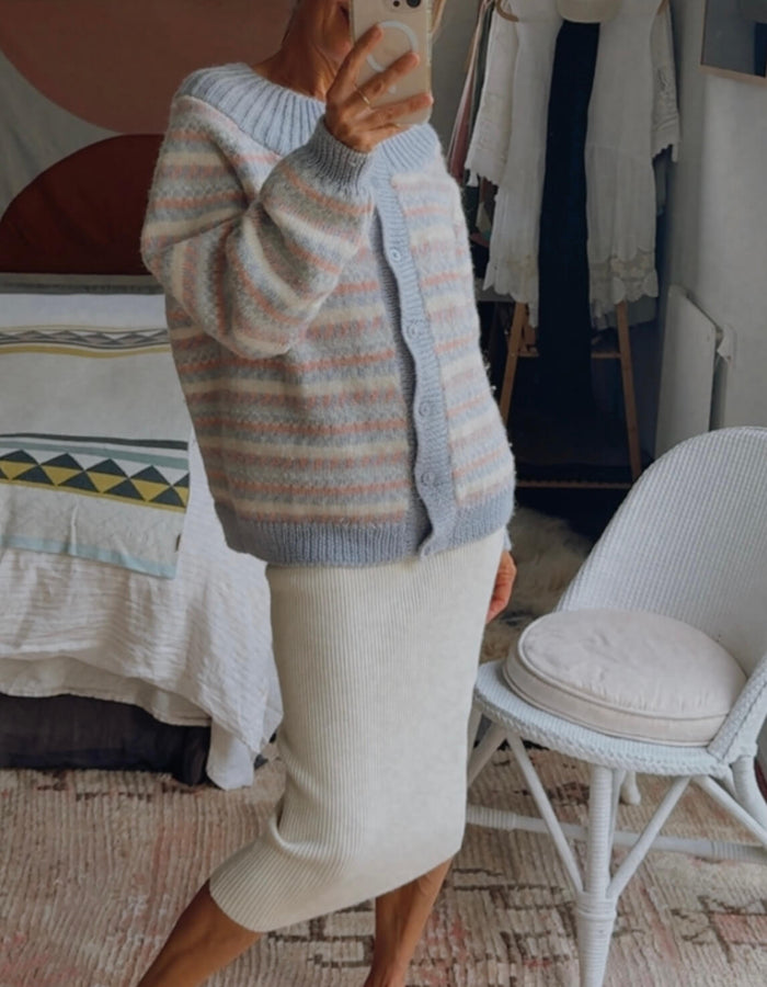 Hand-knitted Woollen Cardi // Duck Egg Blue/Pink/Cream // Free Size