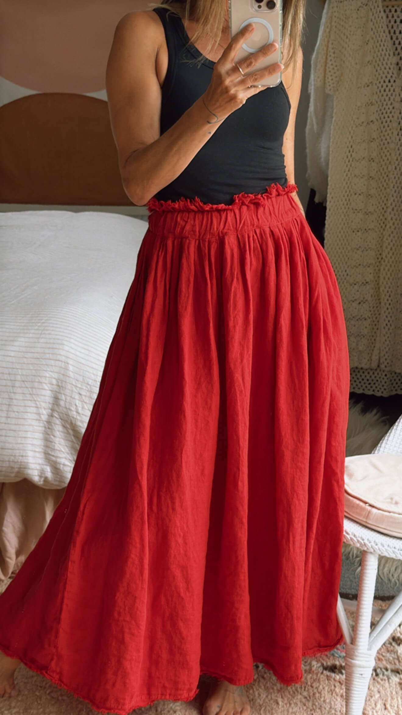 FERRARI RED Linen Maxi Skirt // Small