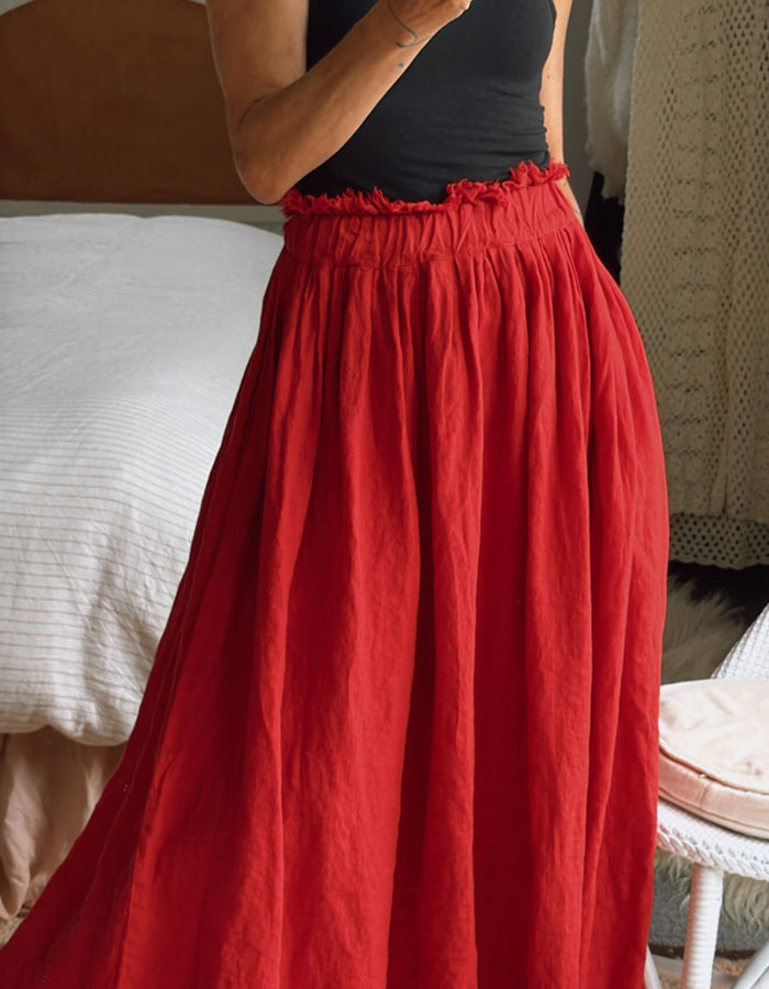 FERRARI RED Linen Maxi Skirt // Small