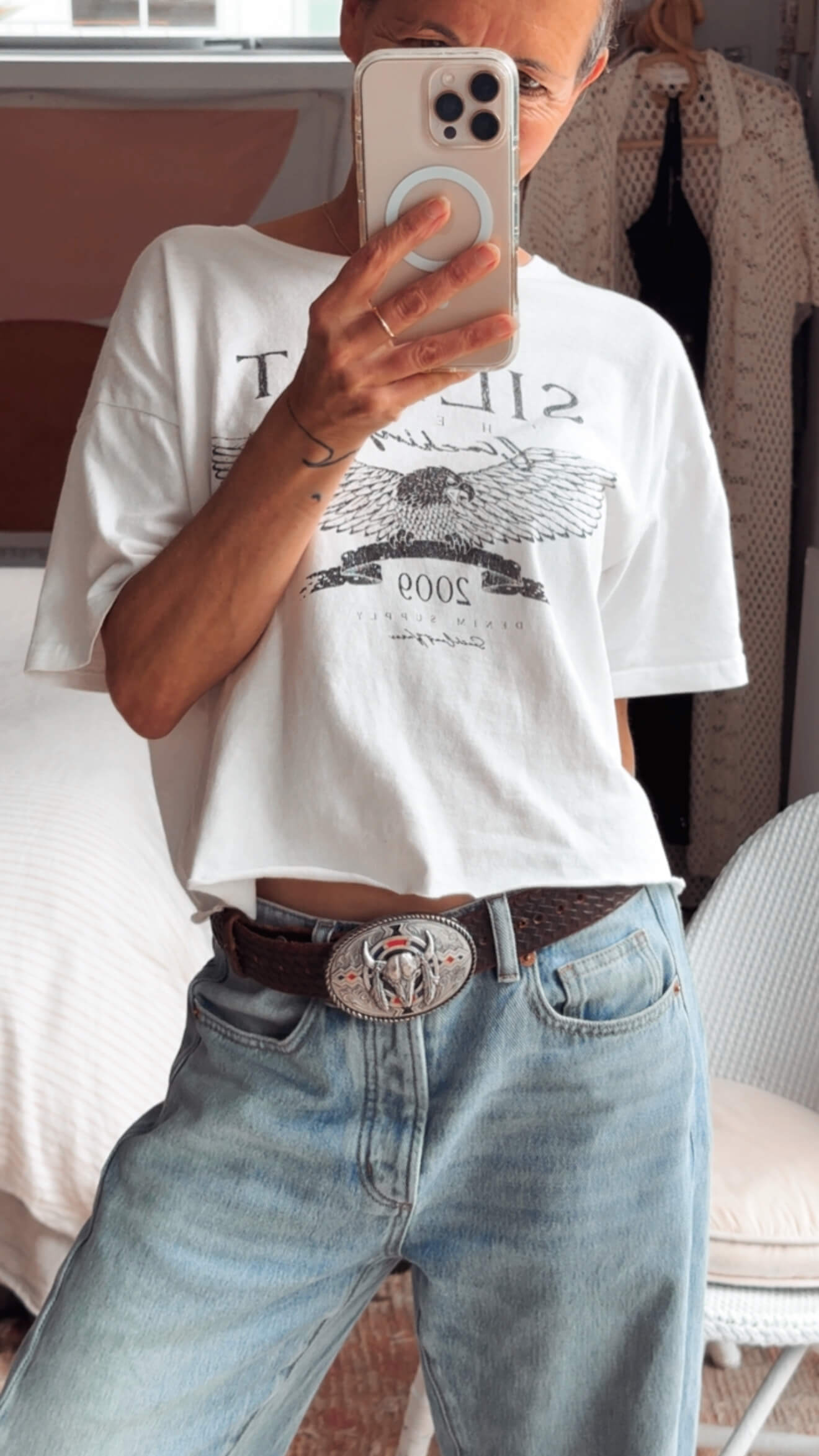 IVAN // Buffalo Skull & Feathers Metal Belt Buckle & Brown Leather Belt // Free Size