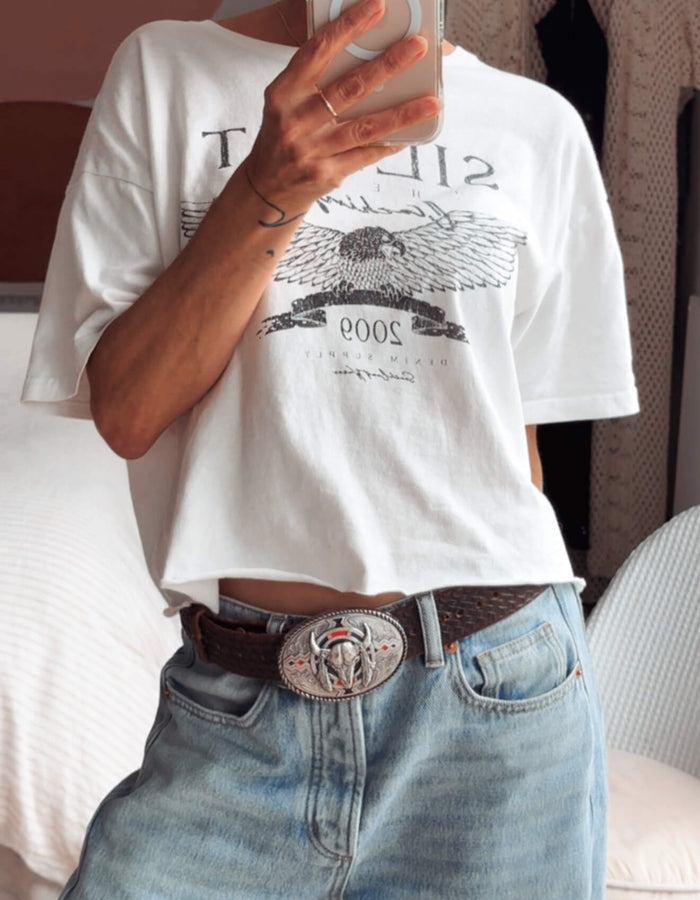 IVAN // Buffalo Skull & Feathers Metal Belt Buckle & Brown Leather Belt // Free Size