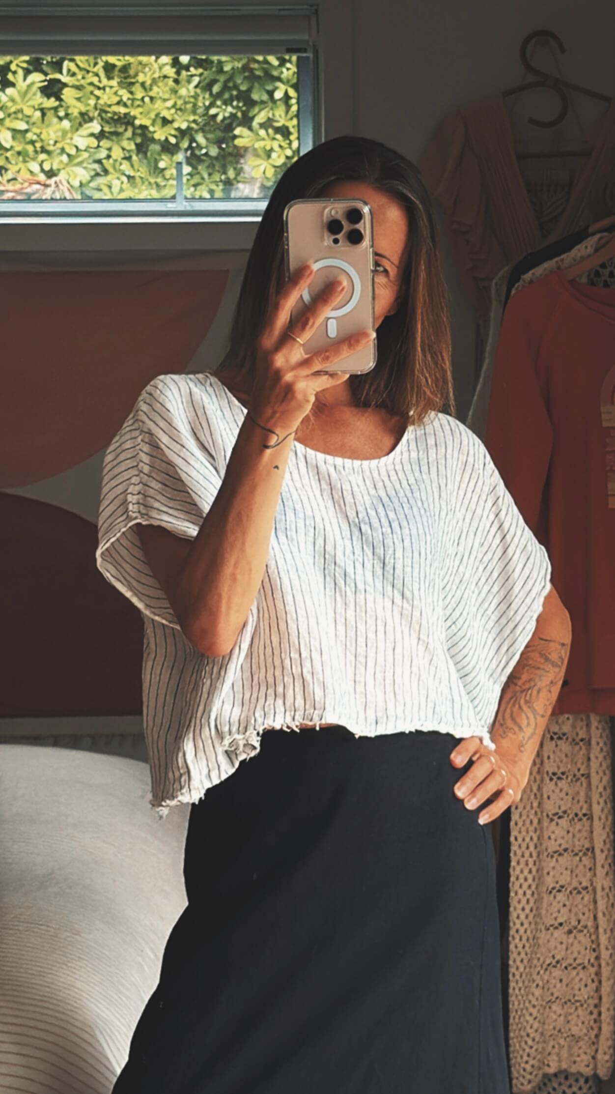 MOOCHI Striped Linen Cropped Blouse // M/L