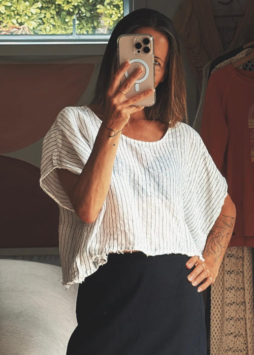 MOOCHI Striped Linen Cropped Blouse // M/L