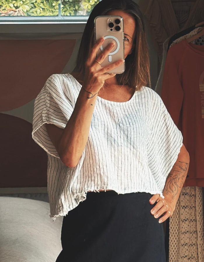 MOOCHI Striped Linen Cropped Blouse // M/L