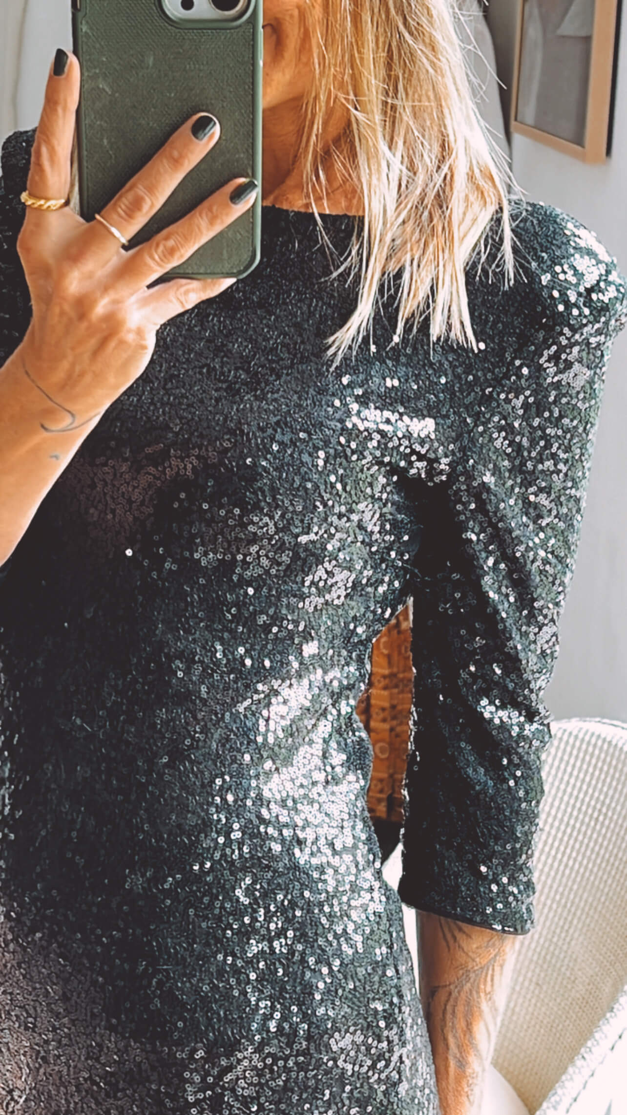 Black Sequinned Mini Dress // Small